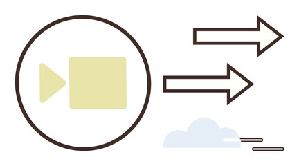 Circular video camera icon with two right-facing arrows indicating movement, accompanied by minimal cloud graphics. Ideal for communication, streaming, speed, cloud technology, media, digital