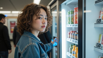 Young woman with curly hair stands near vending machine, looking thoughtfully selection of drinks. scene captures moment of contemplation modern