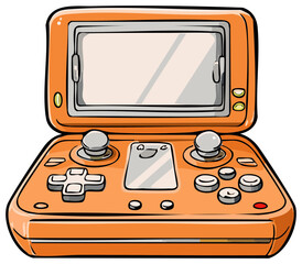 Cartoon style orange handheld gaming device showing various game controls and a screen, entertainment system