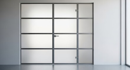 Modern office interior with glass doors and light walls, minimalist design