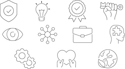 Generate a clean, minimalist icon set illustration, presented as a white background with thin, consistent, black line art depicting various conceptual symbols