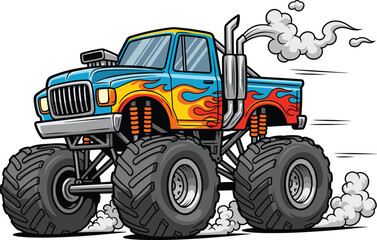 Cartoon Monster Truck Vector Illustration – Big Off-Road Vehicle with Flames, Smoke, and Oversized Tires for Kids, Stickers, Posters, and T-shirt Designs