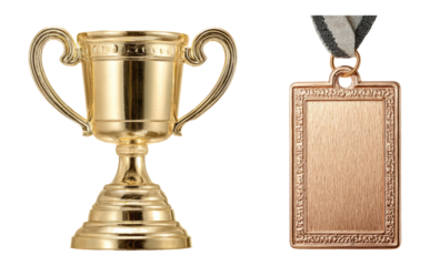 Golden Trophy and Bronze Medal Isolated on Transparent Background
