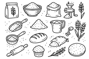 Hand-drawn baking ingredients and tools doodles in black and white