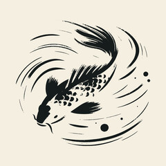Koi fish brushstroke black ink sketch vector illustration