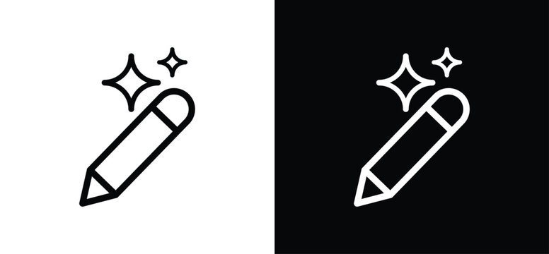 Collection of AI writing icons in minimalist line style, pencil compose symbol with sparkle stars, content generation and editing for web and app UI, toolbar and buttons. Vector illustration.