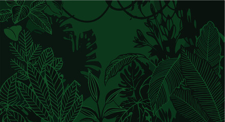Tropical jungle foliage composition with layered leaves suitable for nature backgrounds, posters, and eco-friendly designs