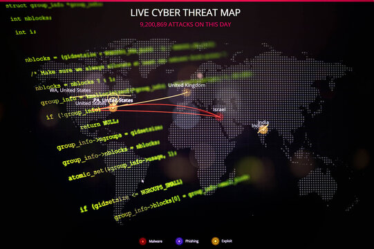Live cyber threat map with real-time global attack data, highlighted malware, phishing, and exploit routes, overlaid with programming code representing cybersecurity and data protection.