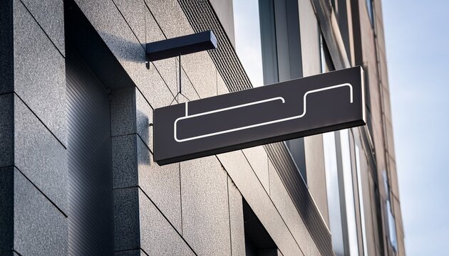 minimalist clothing store sign hanging on modern building wall