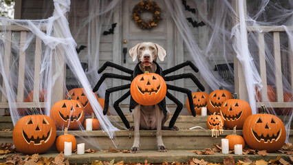 retriever dog in spider costume sits on wooden porch of house with jack o lantern pumpkin in mouth, porch decorated for halloween, spider web, candles, pumpkins,