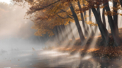 autumn grove on the river bank, on a foggy quiet morning,