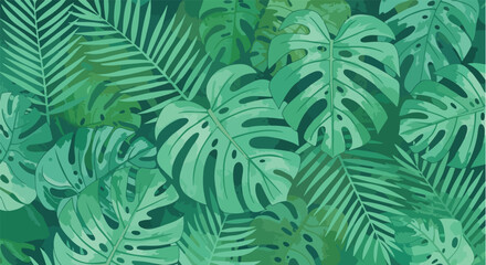 Lush monstera and palm leaves design suitable for botanical backgrounds, textiles, and eco-friendly decorative themes