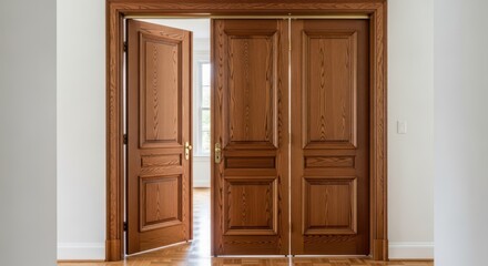 Fototapeta premium Open paneled wooden door with natural light and hardwood floor