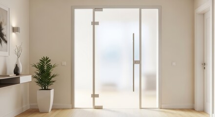 Modern Interior Entrance with Glass Door and Decorative Plant