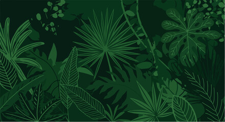 Dense jungle leaves pattern with dark green tones suitable for nature wallpapers, eco designs, and botanical backgrounds