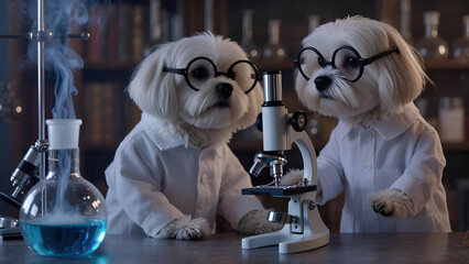 a group of scientist dogs in white coats holds a meeting and experiments in the laboratory