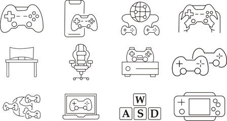 A clean, minimalist line art illustration featuring a grid of twelve distinct gaming-themed icons, presented in a simple, monochromatic black and white outline style on a pure white background.