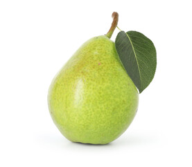 Whole ripe pear with leaf isolated on white