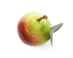 Whole ripe pear with leaf isolated on white, top view