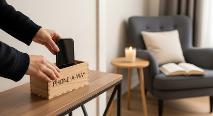 Hands placing phone in wooden box, promoting digital detox