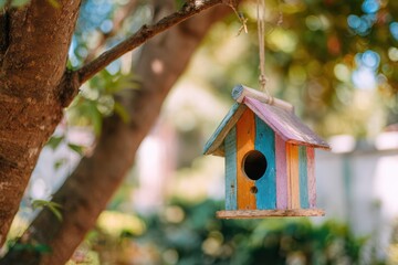 A bird house hanging on a tree