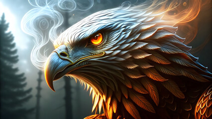 Shamanic spirit animal: eagle with piercing eyes and mystical aura in a forest
