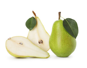 Whole and cut ripe pears isolated on white