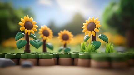 Obraz premium Cute Cartoon Sunflowers in Miniature Garden Scene