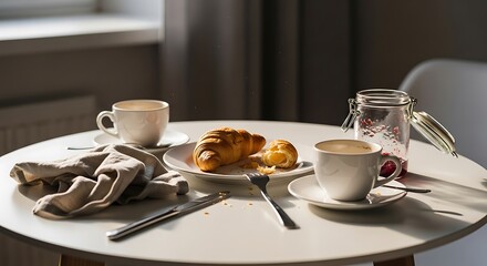 Morning coffee and croissant with jam, a peaceful start