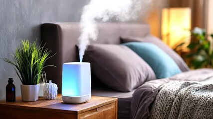 A humidifier creates steam on bedside table in a modern bedroom with a large bed. Modern gadgets for comfortable sleep and rest concept