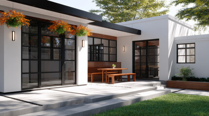 Fototapeta premium Modern house exterior with black windows and wooden patio furniture