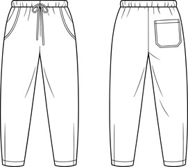 Front and back view of casual drawstring pants with elastic waistband, side pockets, and single back pocket, simple vector fashion illustration.
