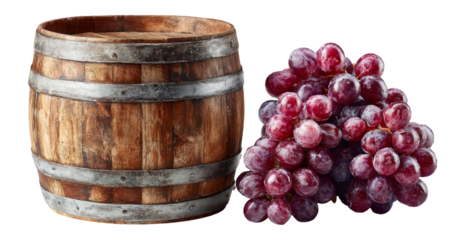 Wooden Barrel with Fresh Grapes on Transparent Background