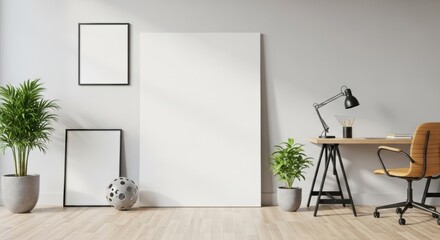 Minimalist Home Office Setup with Blank Canvases and Natural Light