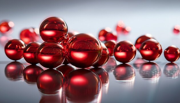 shiny red glass spheres scattered on a reflective surface create an elegant decorative display