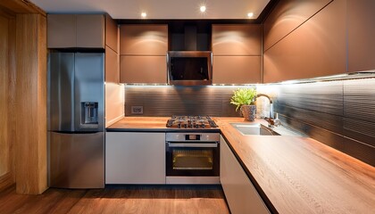 modern kitchen with a built in convection oven illuminated from the inside sleek cabinetry minimalistic design and warm ambient lighting on the countertop