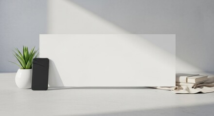 Minimalist Mockup: Blank Canvas, Smartphone, Plant, Books, and Sunlight.