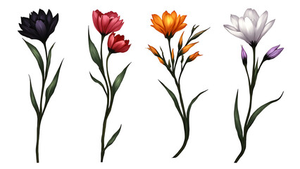 Elegant watercolor floral bouquet illustration featuring black, red, pink, white, orange, yellow, and purple flowers with lush green leaves, artistic floral frames, decorative borders, seamless 4K