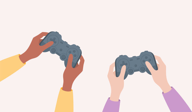 Friends playing console games. Two pairs of hands with different skin tones holding game controllers, top view. Flat vector illustration