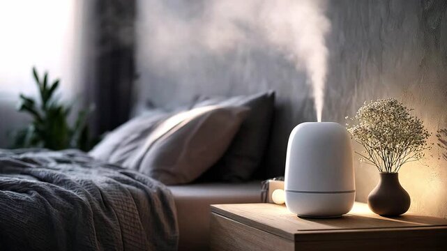 A humidifier creates steam on bedside table in a modern bedroom with a large bed. Modern gadgets for comfortable sleep and rest concept
