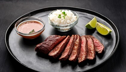 sliced grilled steak tenderloin with rice lime and two sauces on dark plate close up high angle view