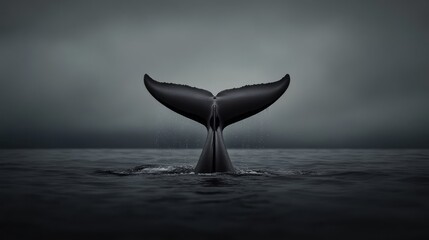 Fototapeta premium Majestic Whale Tail Emerging from Dark Ocean Aboard Ethereal Misty Background Just Before Dawn