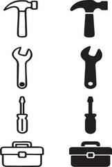 Fototapeta premium A collection of black construction tools like a hammer, screwdriver, and saw are displayed as vector silhouettes in this illustration