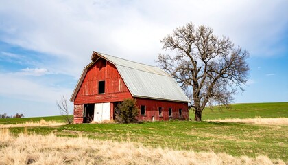 Red barn on a grassy field under a partly cloudy sky