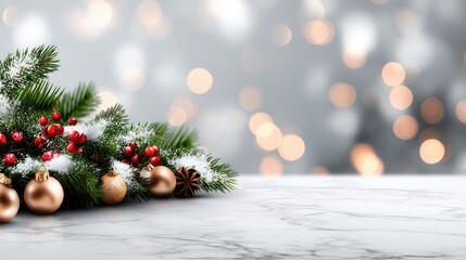 Festive arrangement features green branches, red berries, golden ornaments, and pine cones, creating a cheerful holiday atmosphere