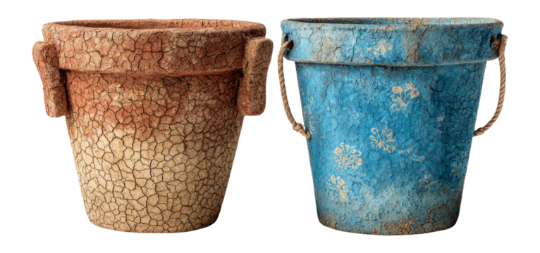 Vintage Flower Pots with Cracked Texture and Distressed Patina - Powered by Adobe