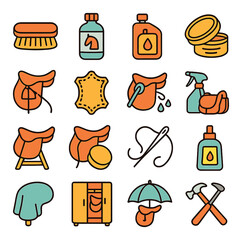Fototapeta premium Linear equestrian icon set featuring brush, saddle, shampoo, oil, stitching, spray, and tack symbols