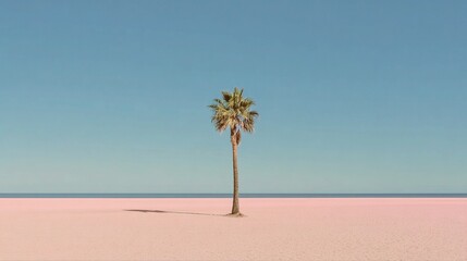 Obraz premium Solitary palm tree standing in a vast beige desert under a clear blue sky, symbol of isolation, resilience, survival in nature. Minimalist desert landscape with wide horizon, sand, sky, tropical tree