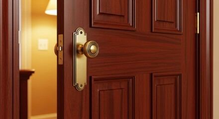 Obraz premium Open wooden door with brass knob offering inviting passage