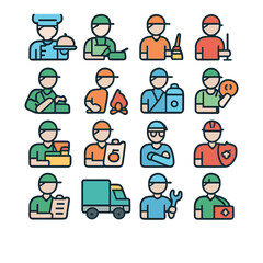 Linear worker icons set featuring chef, cleaner, firefighter, engineer, delivery, doctor, and repair symbols